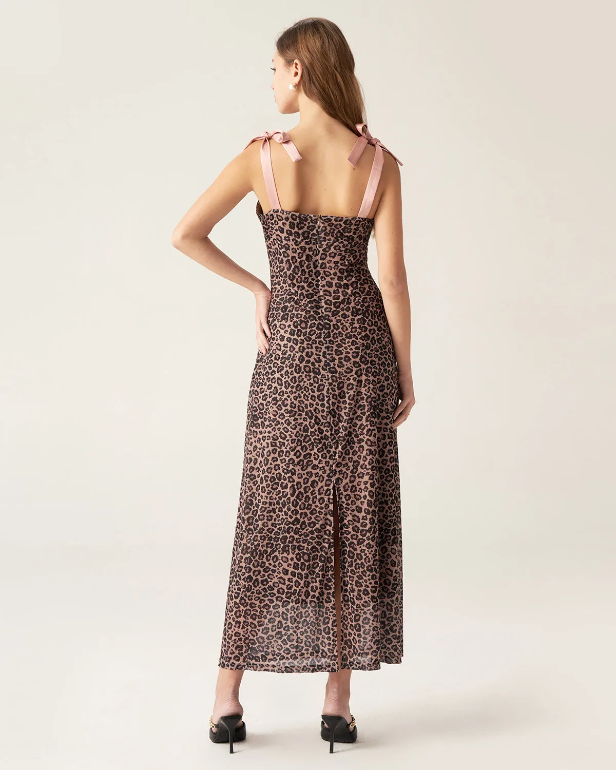 Brown Leopard Sweetheart Neck Slip Maxi Dress