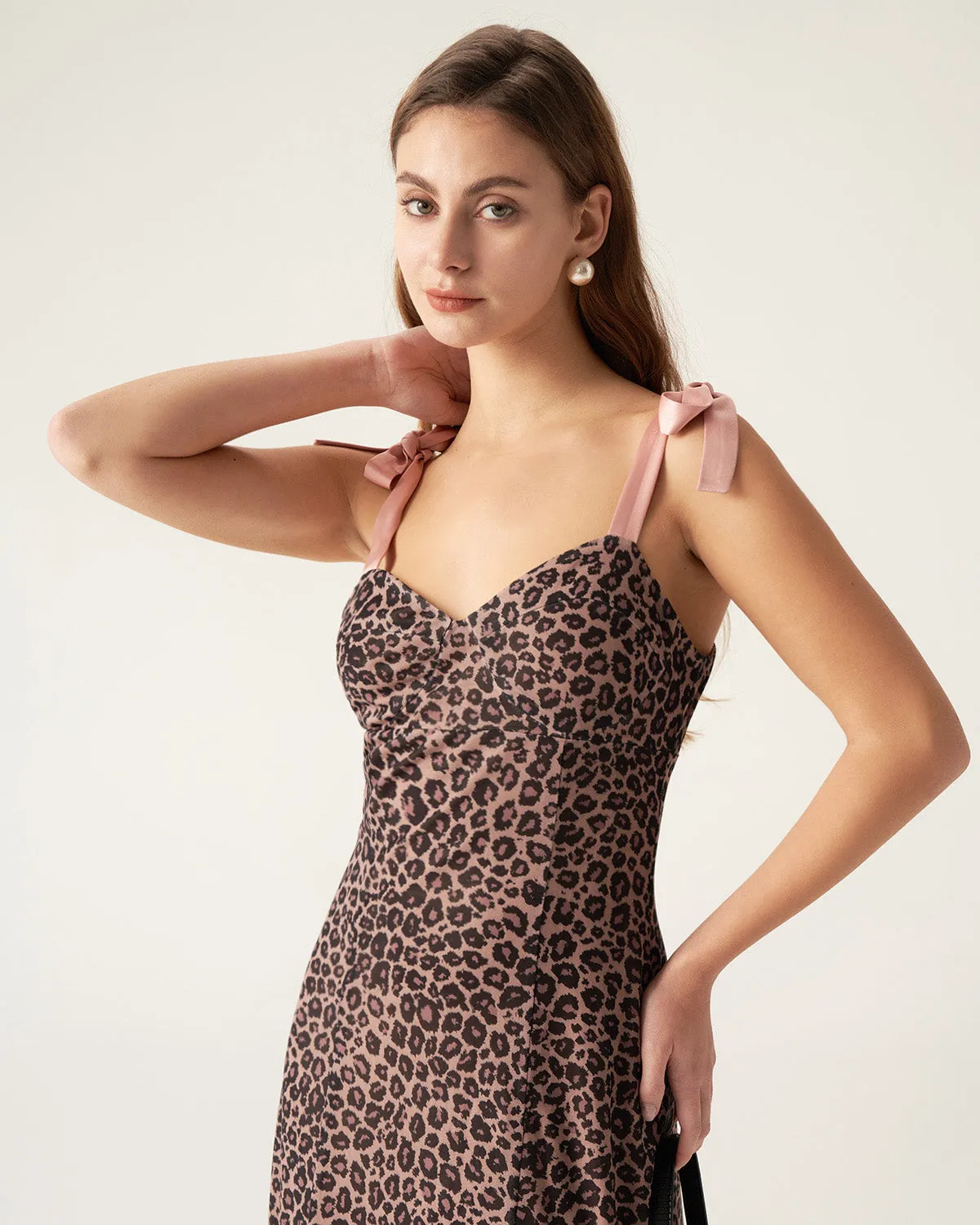 Brown Leopard Sweetheart Neck Slip Maxi Dress