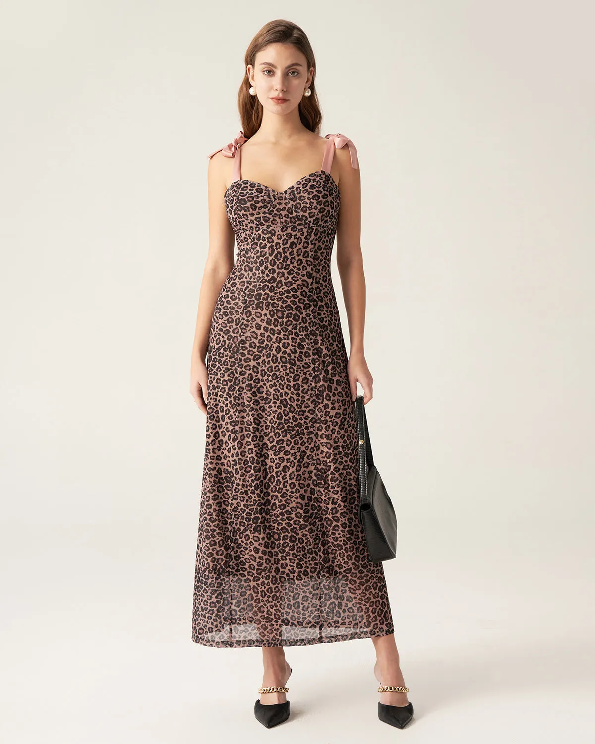 Brown Leopard Sweetheart Neck Slip Maxi Dress