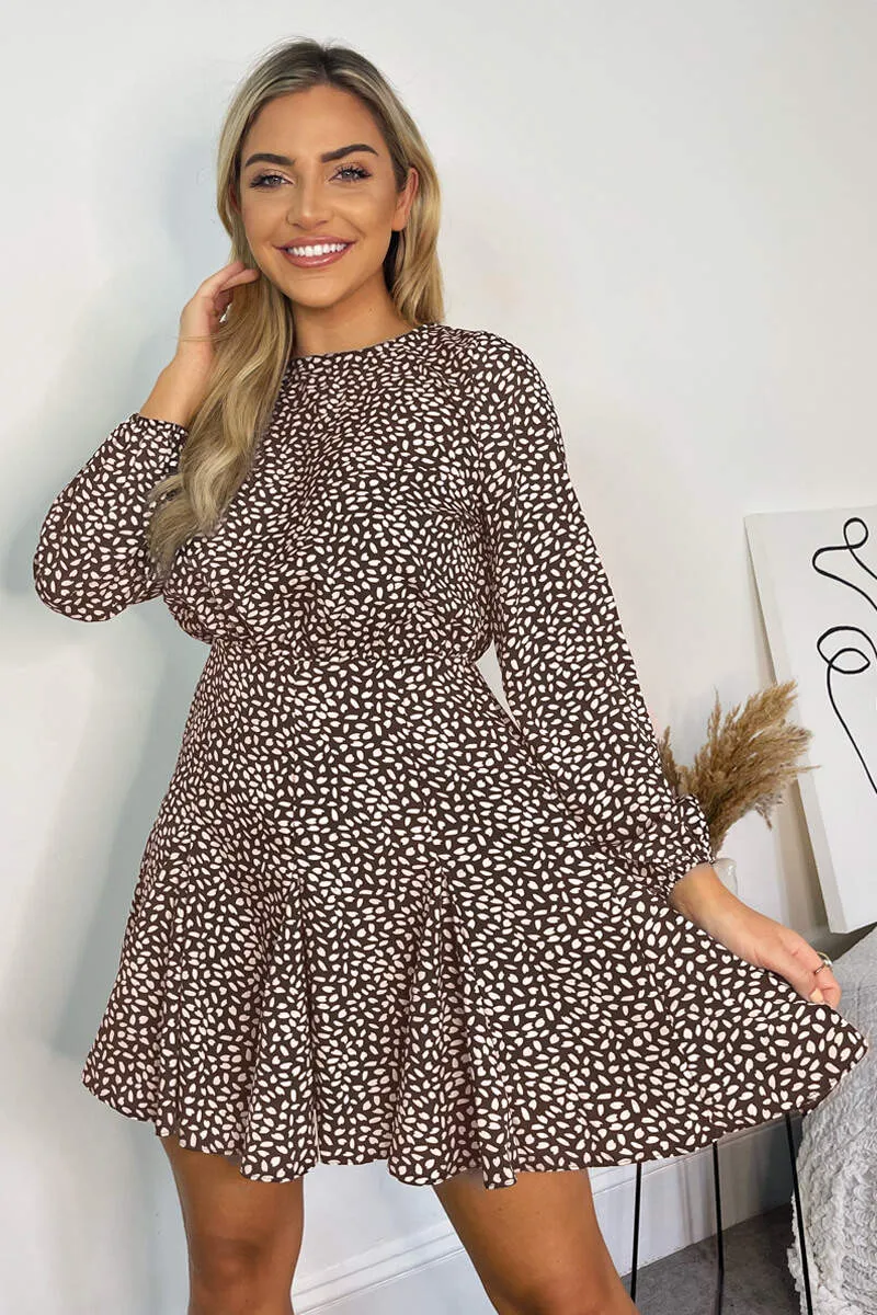 Brown Pleated Long Sleeve Skater Dress