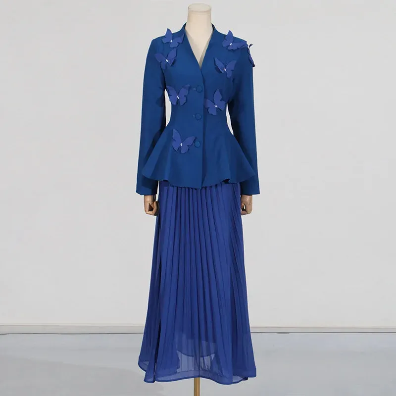 Butterfly Elegance Pleated Skirt & Blazer Set