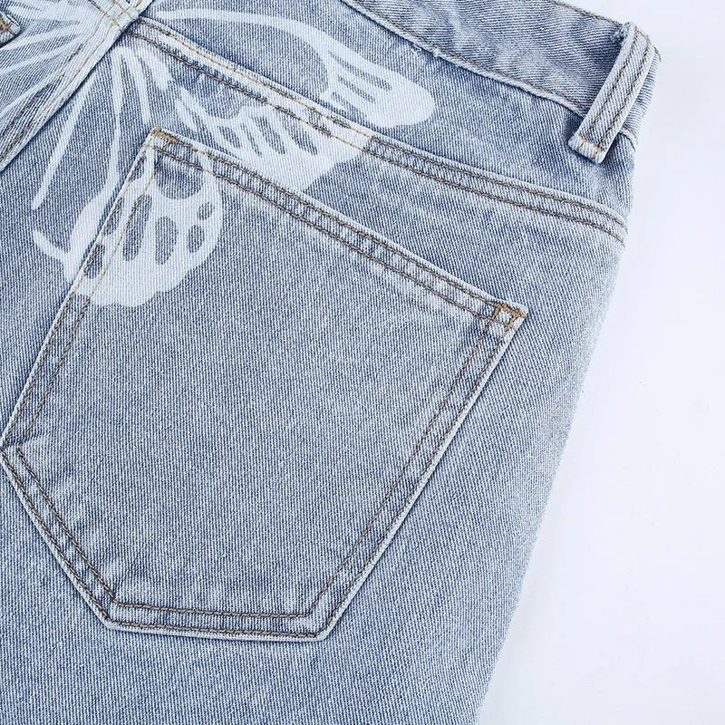 Butterfly Print Solid High Waist Straight Jeans Pants