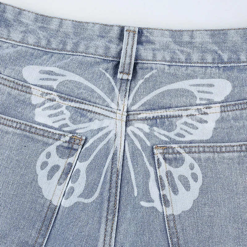 Butterfly Print Solid High Waist Straight Jeans Pants