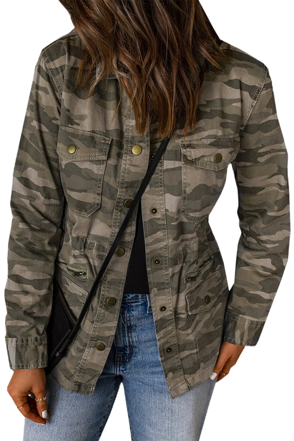 Camo Print Green Multi Pockets Button-up Jacket