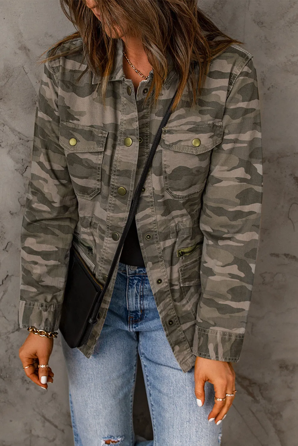 Camo Print Green Multi Pockets Button-up Jacket