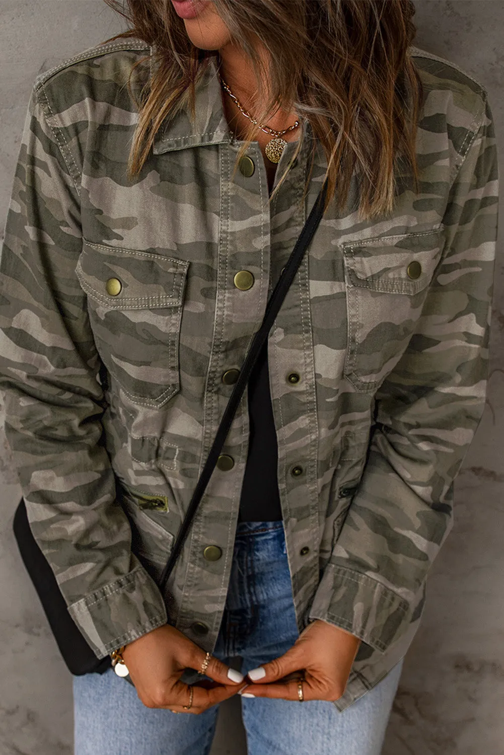 Camo Print Green Multi Pockets Button-up Jacket