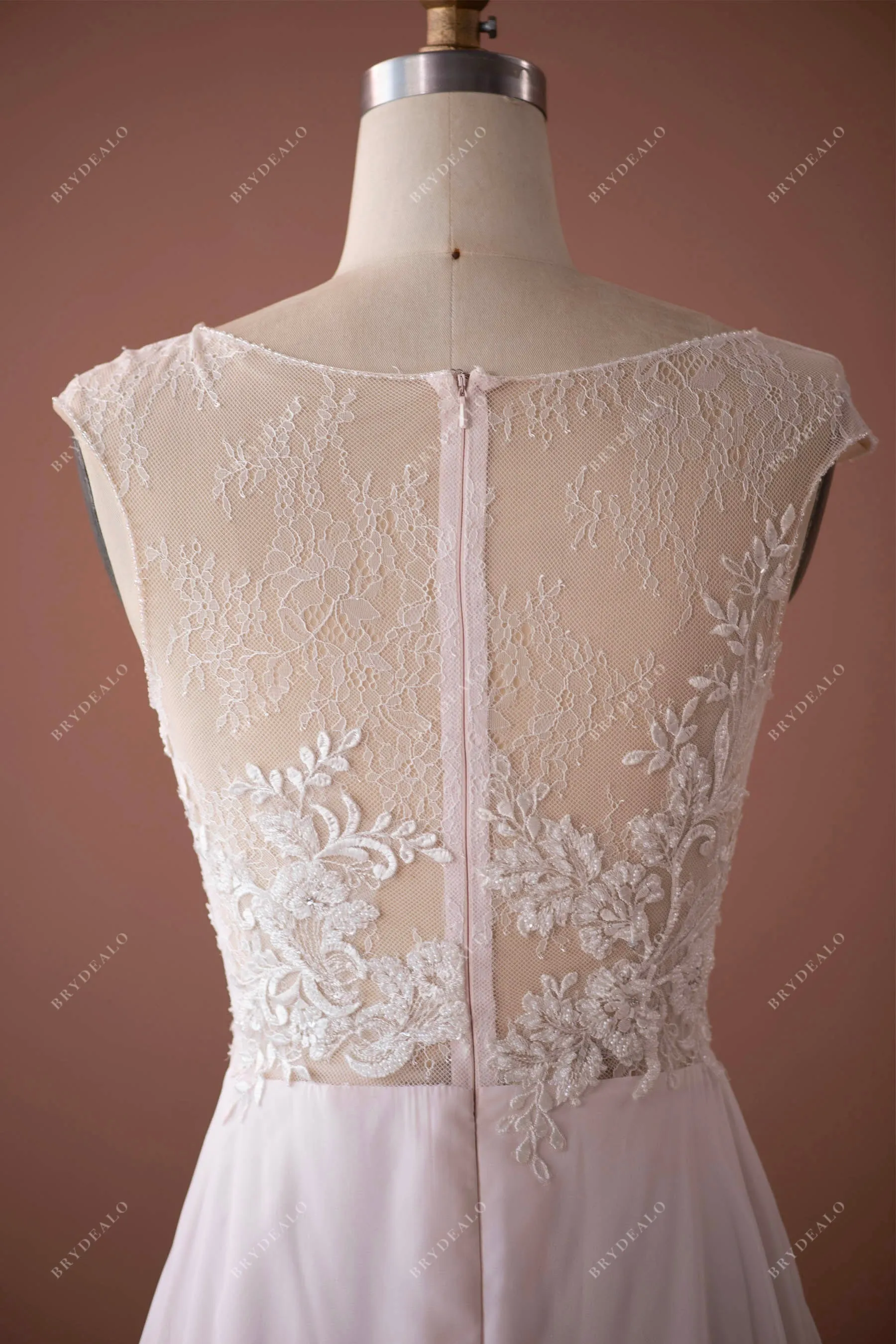 Cap Sleeve Subtle Beaded Lace Flowy Beach Nude Pink Wedding Dress