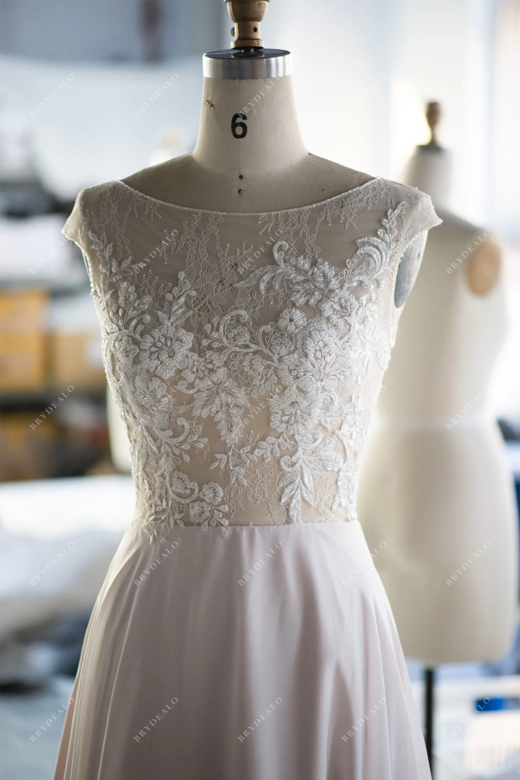 Cap Sleeve Subtle Beaded Lace Flowy Beach Nude Pink Wedding Dress