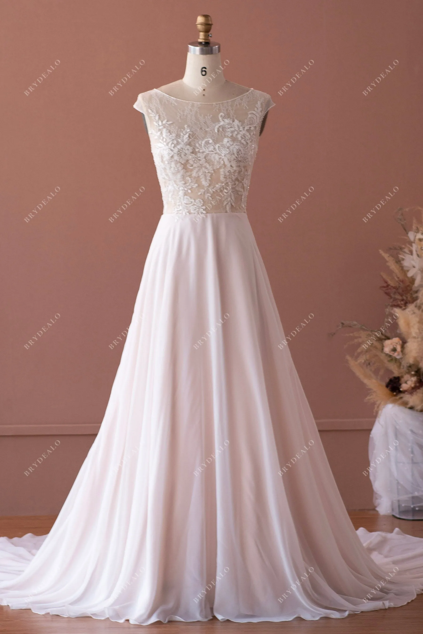 Cap Sleeve Subtle Beaded Lace Flowy Beach Nude Pink Wedding Dress