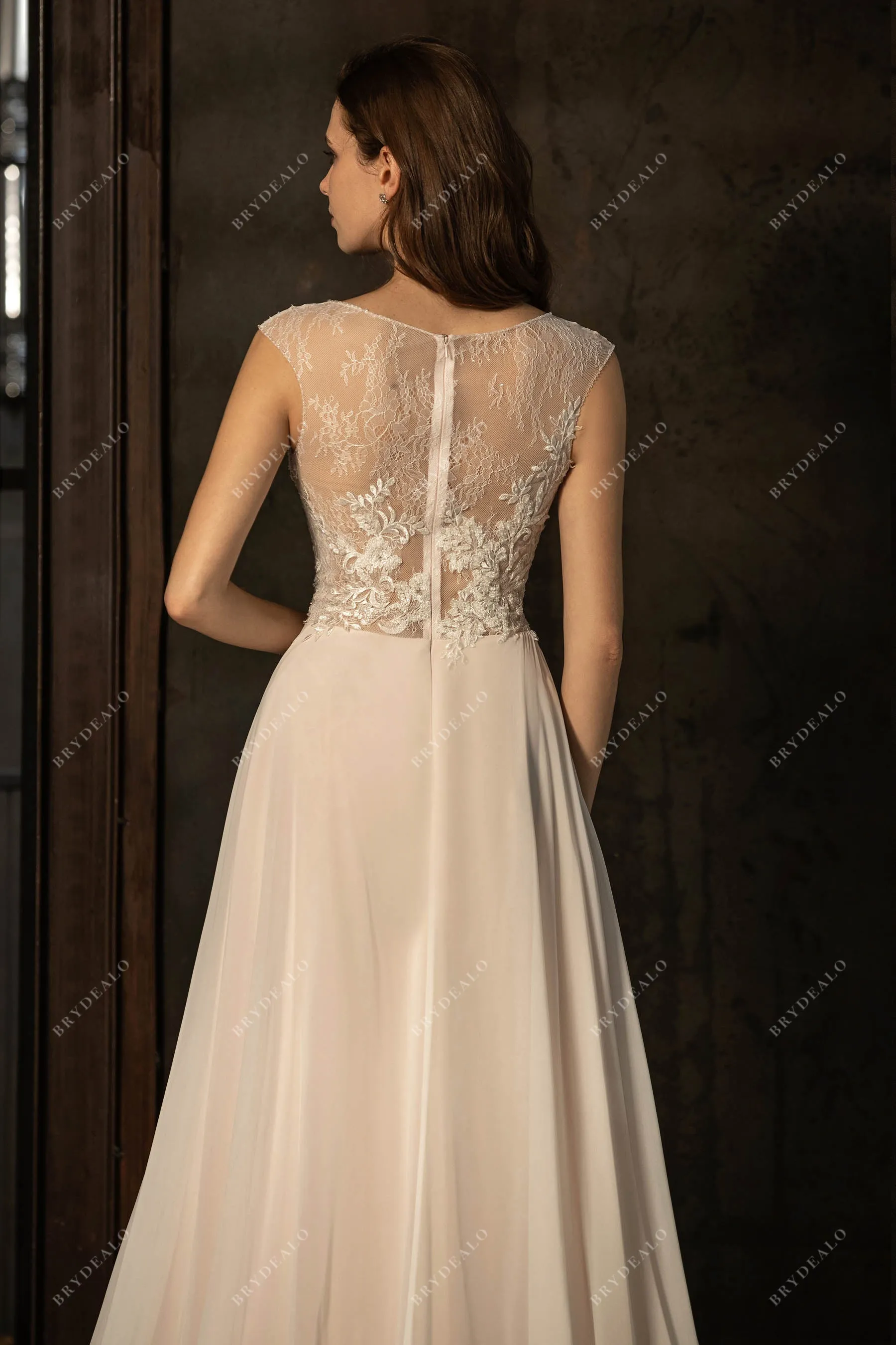 Cap Sleeve Subtle Beaded Lace Flowy Beach Nude Pink Wedding Dress