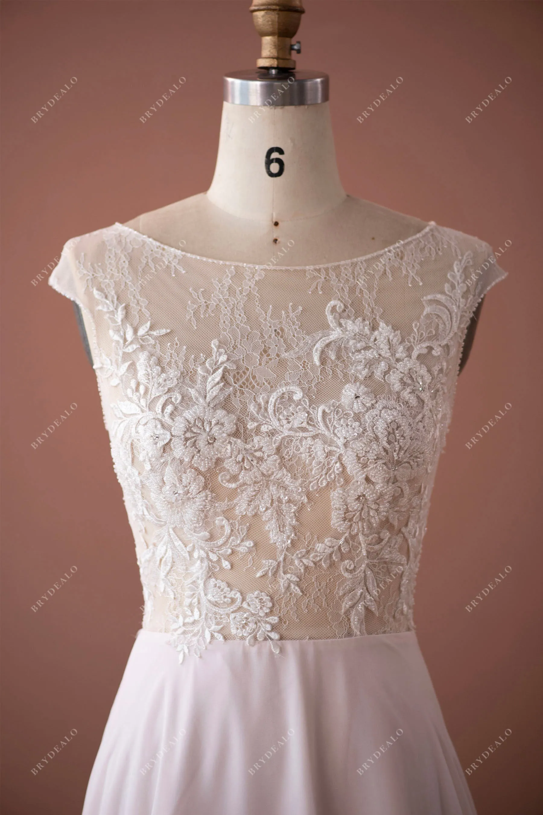 Cap Sleeve Subtle Beaded Lace Flowy Beach Nude Pink Wedding Dress