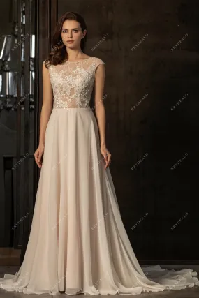 Cap Sleeve Subtle Beaded Lace Flowy Beach Nude Pink Wedding Dress