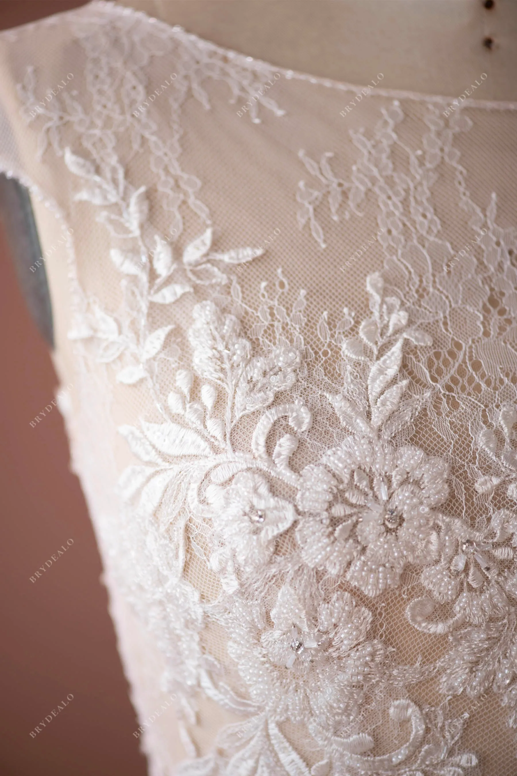 Cap Sleeve Subtle Beaded Lace Flowy Beach Nude Pink Wedding Dress