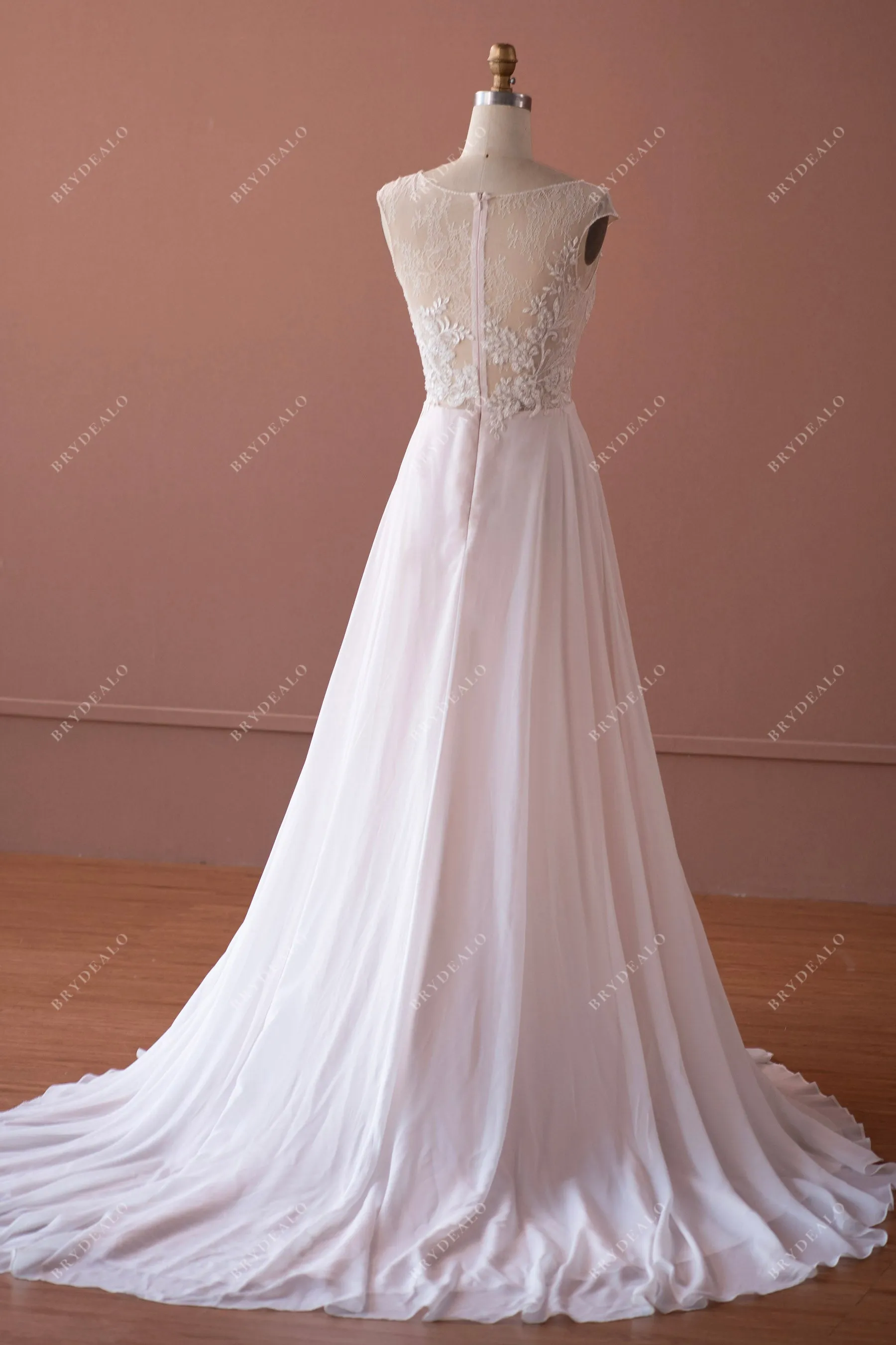 Cap Sleeve Subtle Beaded Lace Flowy Beach Nude Pink Wedding Dress