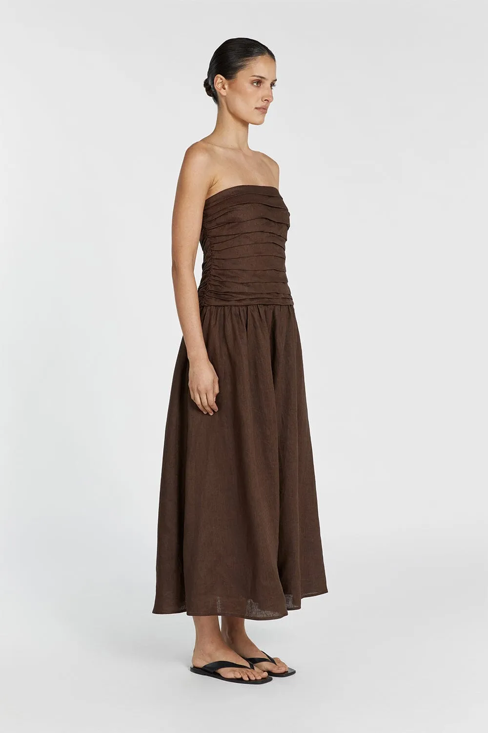 CATANIA BITTER CHOC LINEN STRAPLESS MIDI DRESS