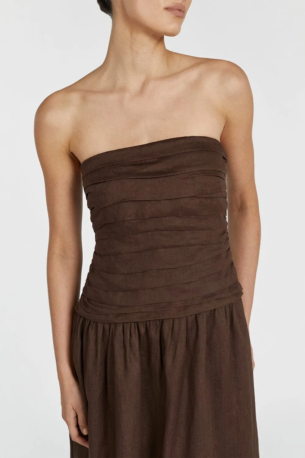 CATANIA BITTER CHOC LINEN STRAPLESS MIDI DRESS