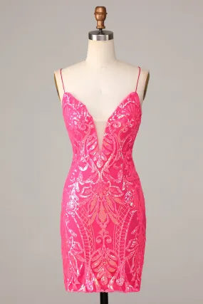 Chic Sparkly Hot Pink Sheath Spaghetti Straps Sequins Short Homecoming Dress