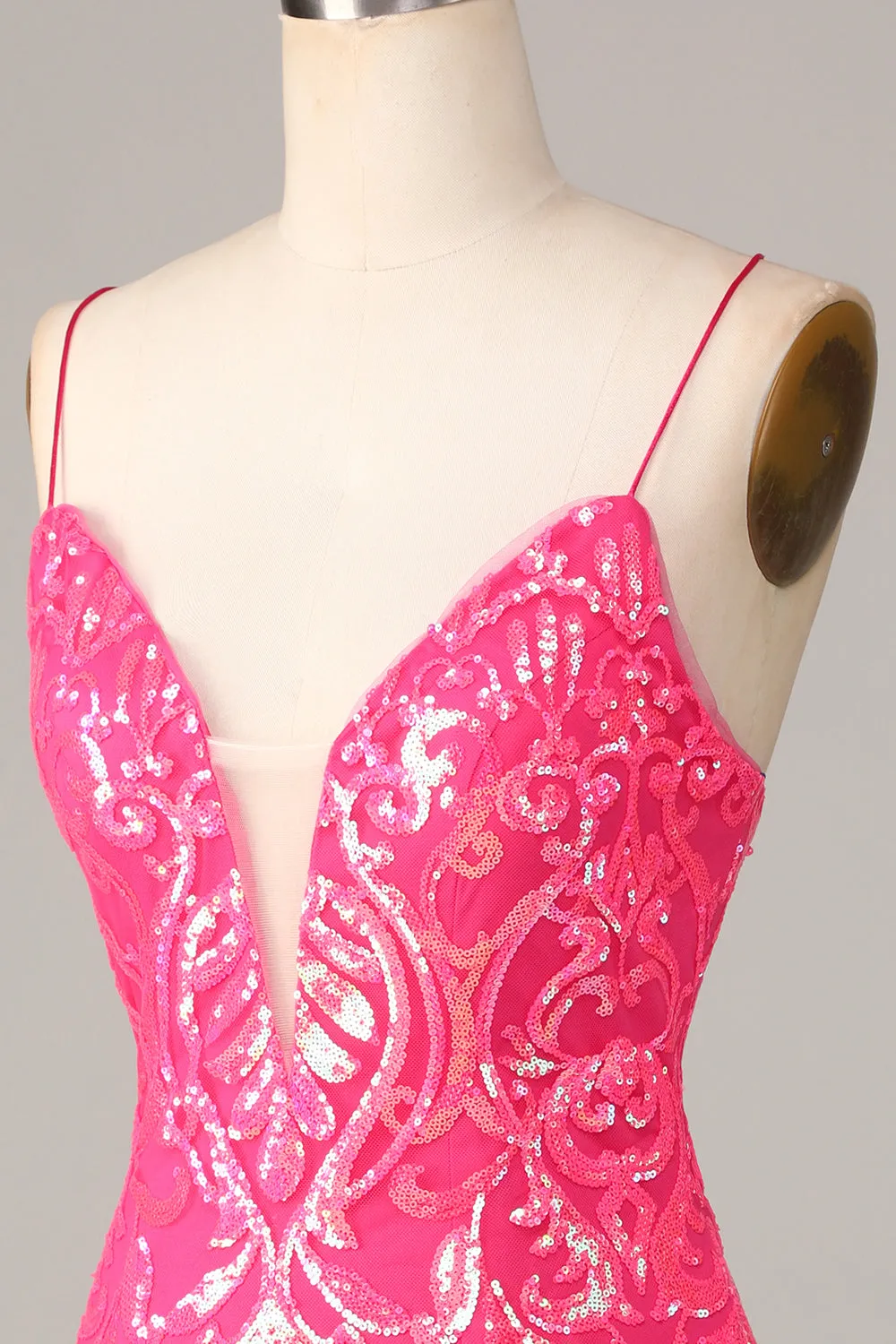 Chic Sparkly Hot Pink Sheath Spaghetti Straps Sequins Short Homecoming Dress