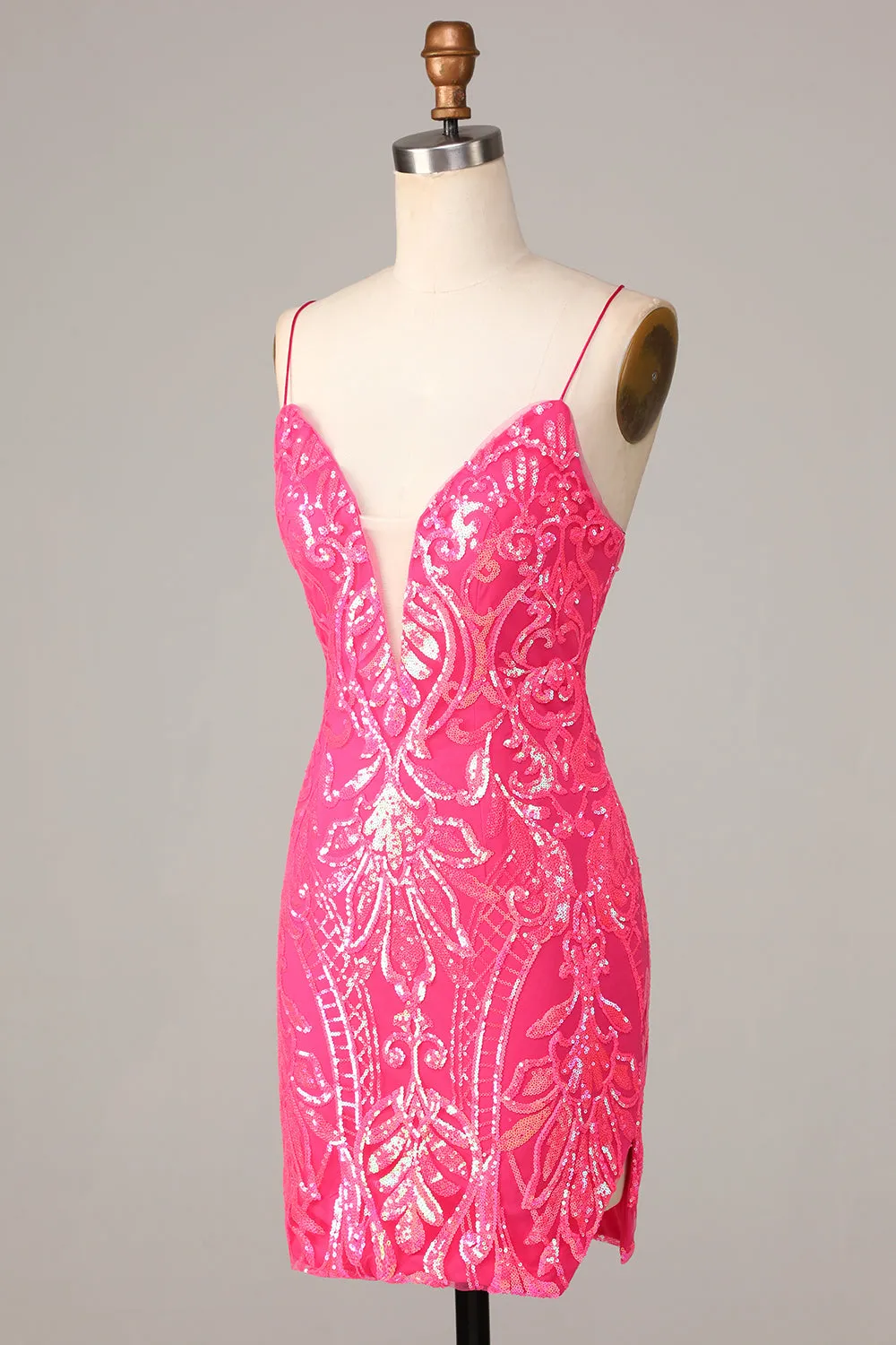 Chic Sparkly Hot Pink Sheath Spaghetti Straps Sequins Short Homecoming Dress