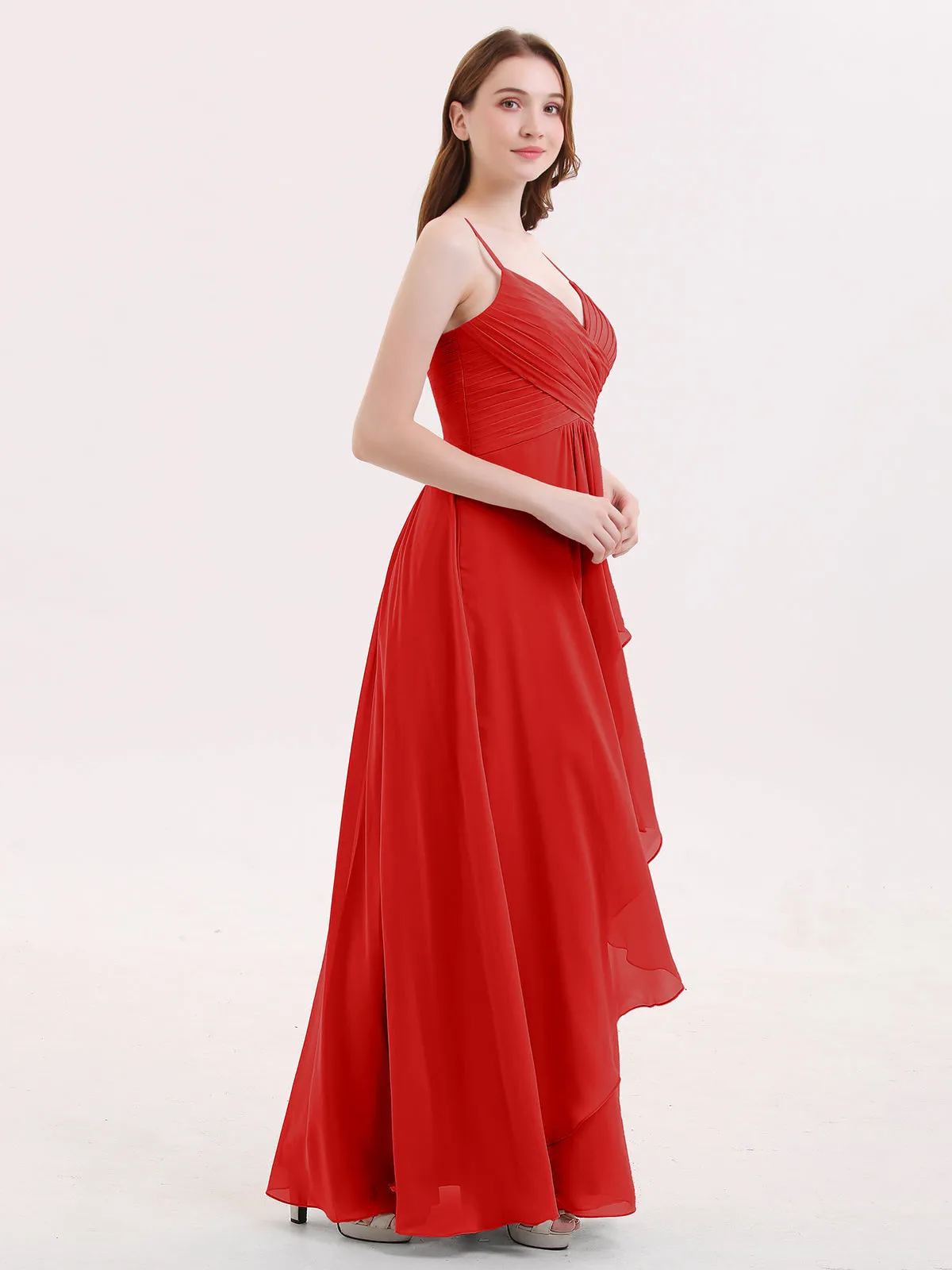 Chiffon Bridesmaid Dresses with Cascade Skirt-Red Plus Size