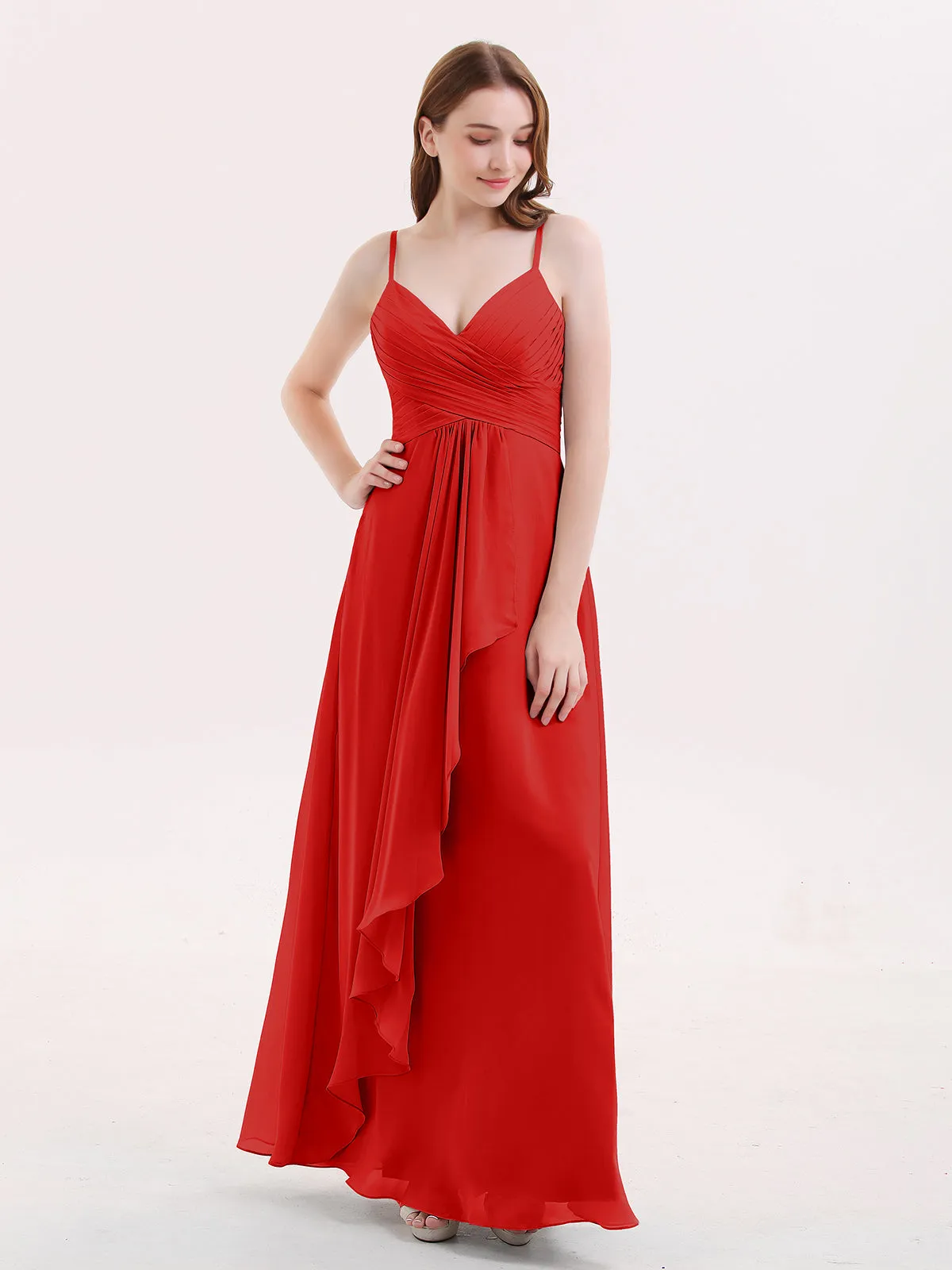 Chiffon Bridesmaid Dresses with Cascade Skirt-Red Plus Size