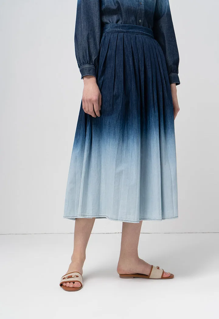 Choice Box Pleated Ombre Flared Denim Skirt Blue