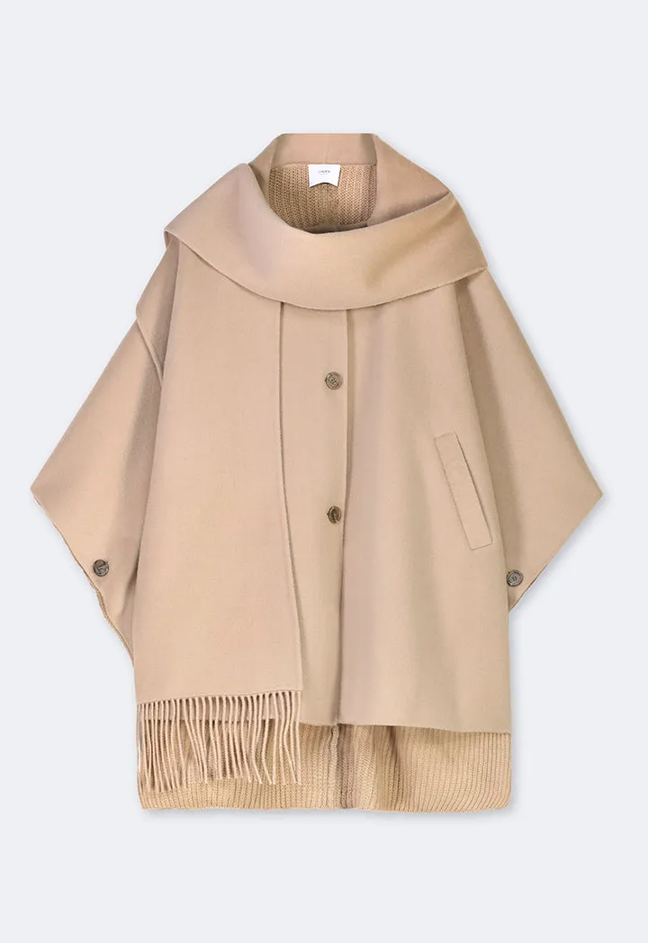 Choice Winter Wool Poncho With Non Detachable Scarf Beige