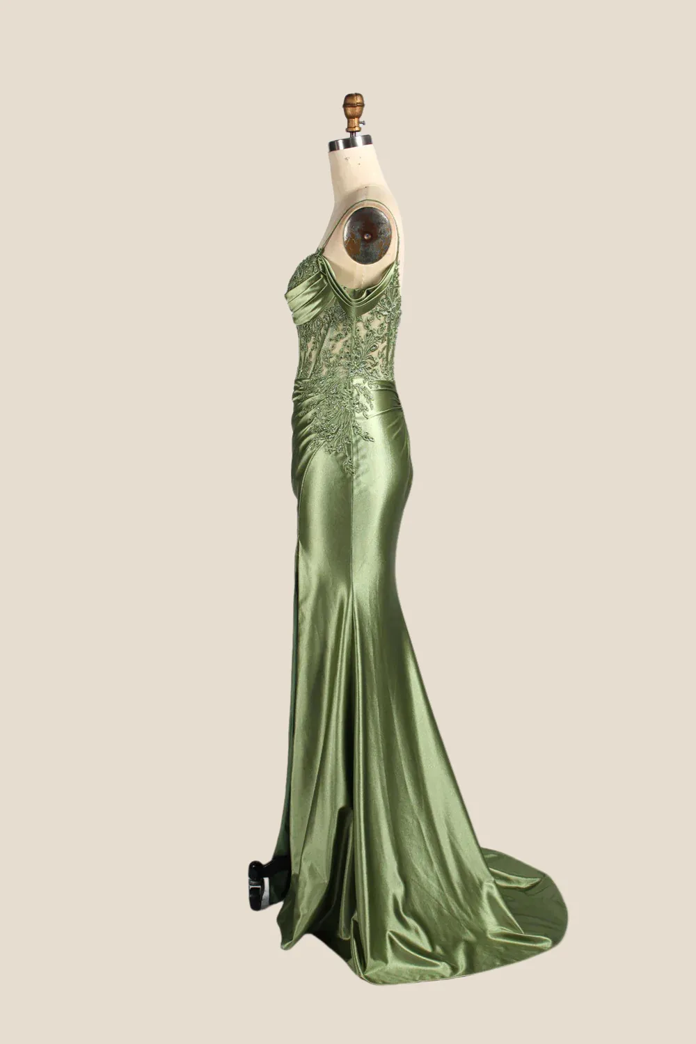 Cold Shoulder Sage Appliques Long Dress with Slit