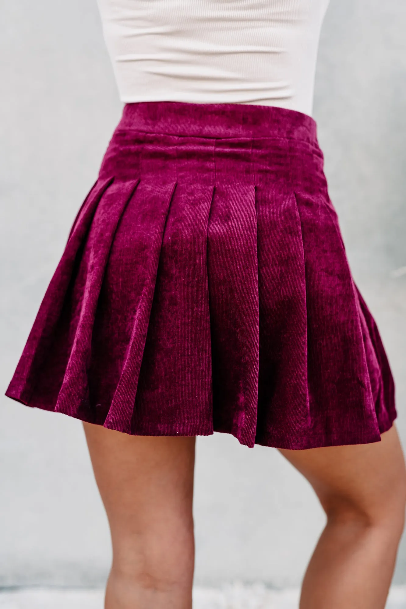 Corduroy Cutie Pleated Corduroy Skort (Winery)