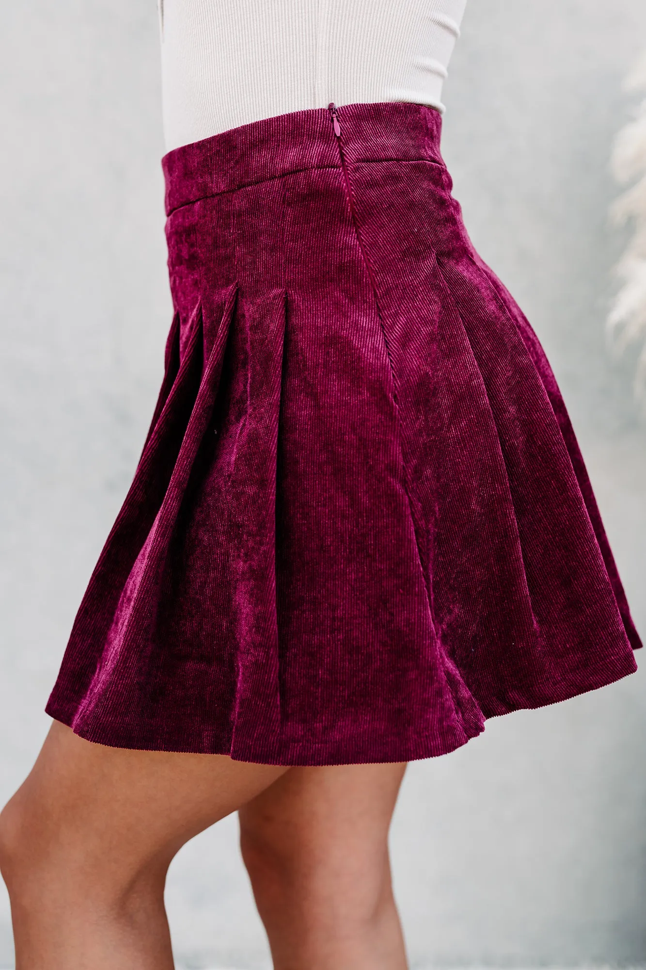 Corduroy Cutie Pleated Corduroy Skort (Winery)