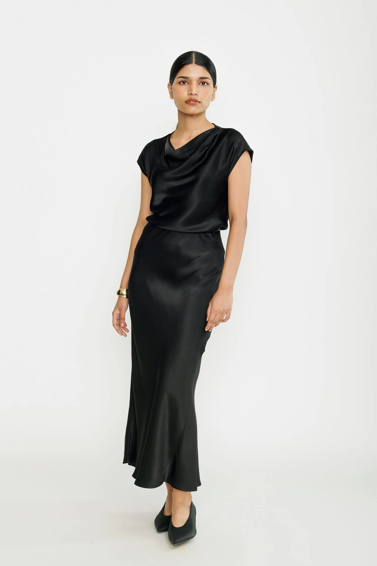 Cowl-neck Satin Blouse - Black