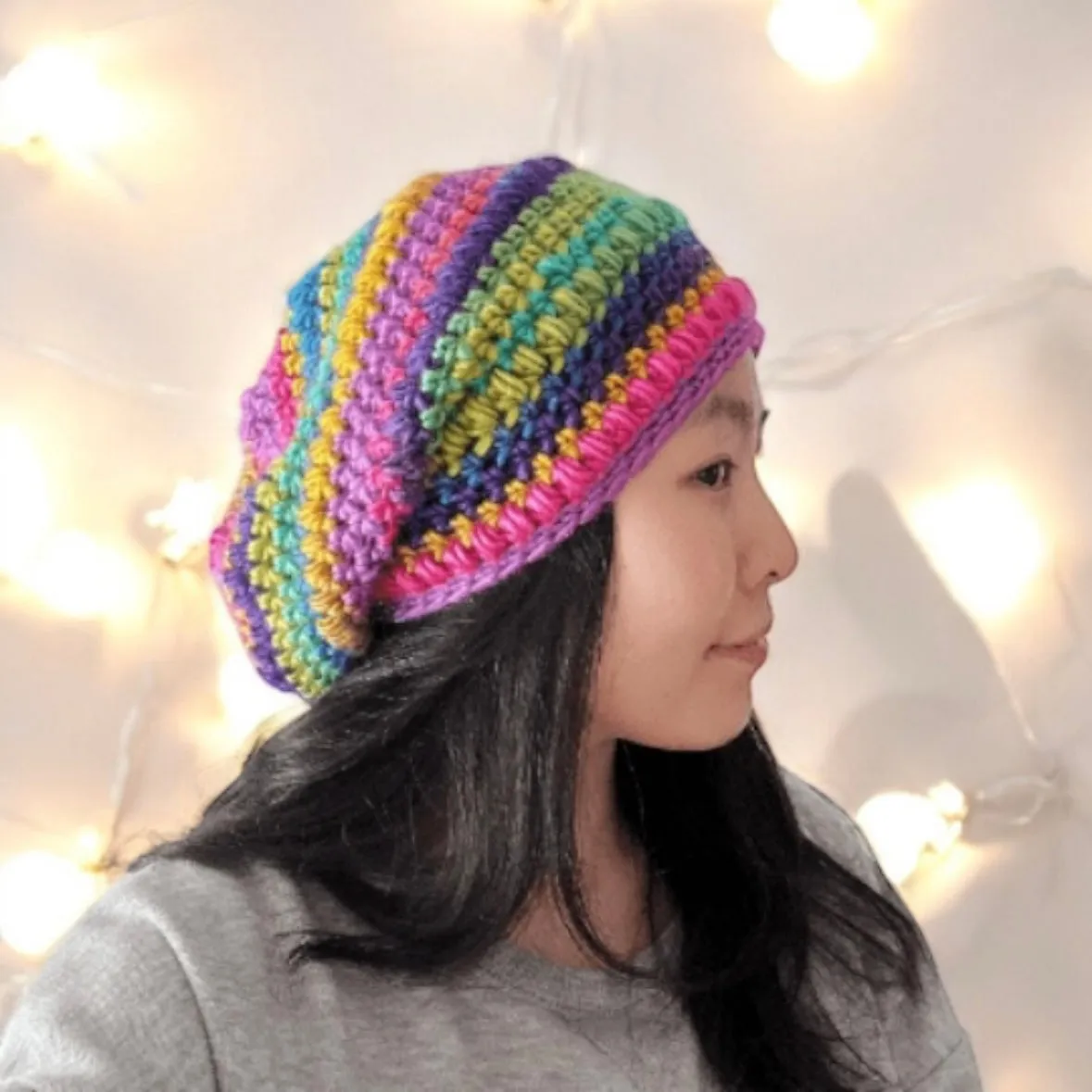 Crochet rainbow Slouchy Beanie | Bobble Beret | Slouchy Hat in bright vibrant pop candy colour| Knit beanie in rainbow mix | Knit winter hat