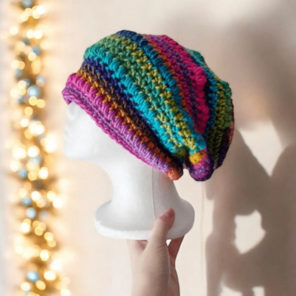 Crochet rainbow Slouchy Beanie | Bobble Beret | Slouchy Hat in bright vibrant pop candy colour| Knit beanie in rainbow mix | Knit winter hat