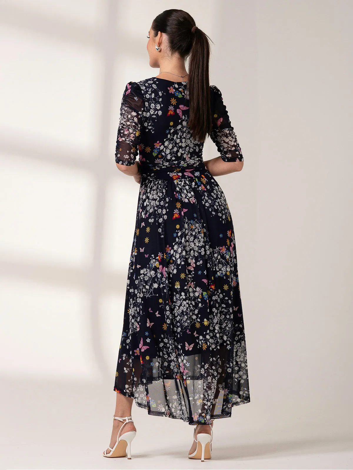 Dasha Ruched Sleeved Mesh Maxi Dress, Navy Floral