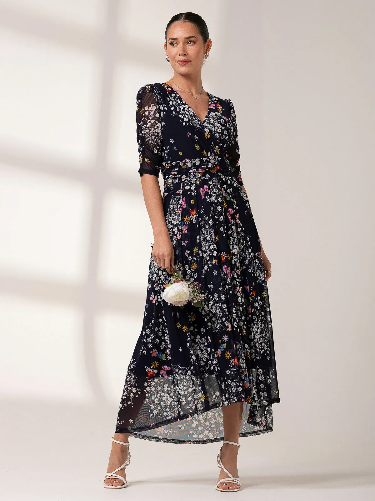 Dasha Ruched Sleeved Mesh Maxi Dress, Navy Floral