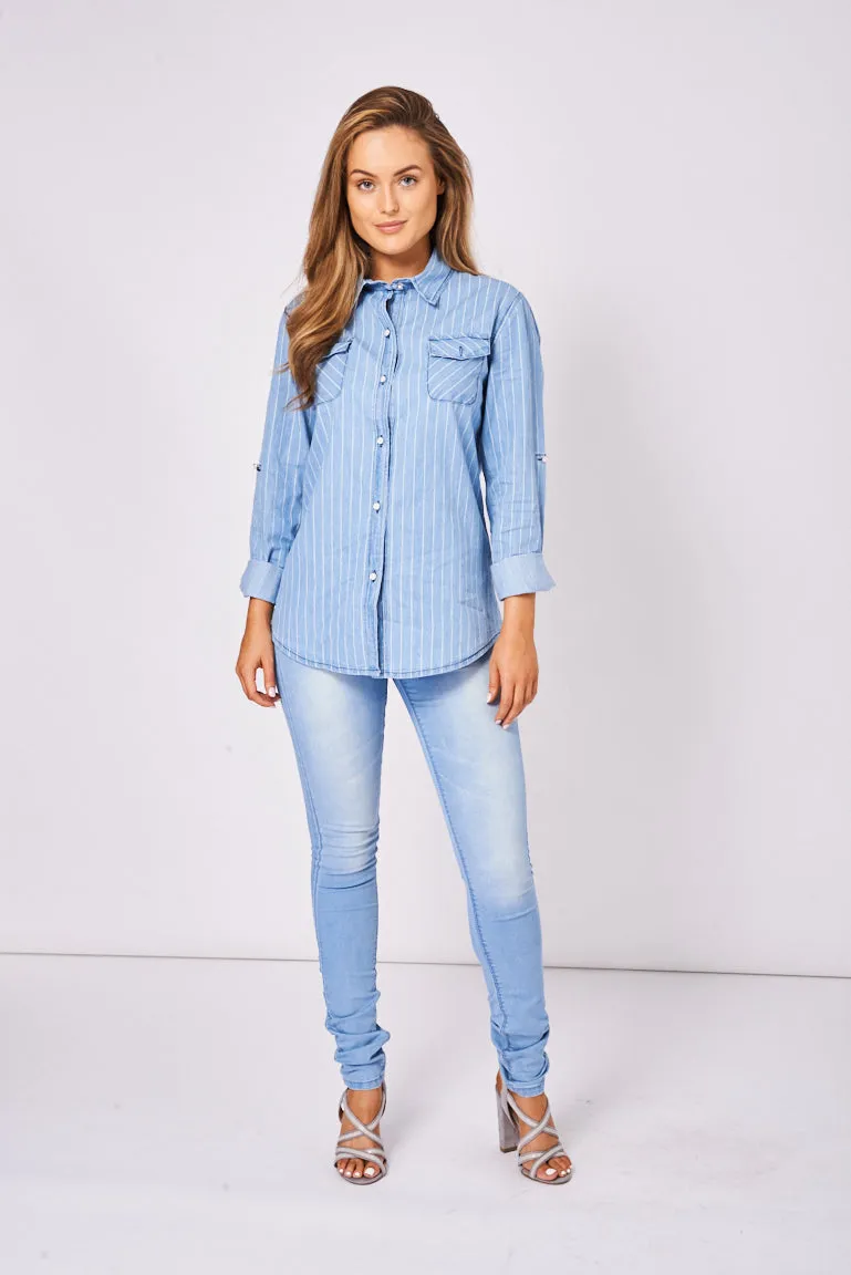 Denim Stripe Shirt With Roll-Up Sleeve