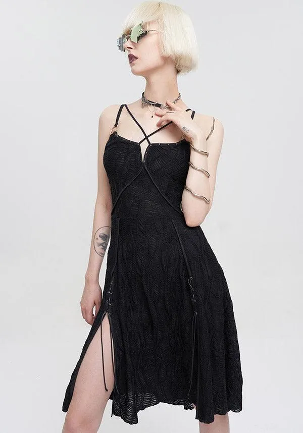 Devil Fashion Gothic Lace Slip Dress - Black with Harness Straps and Side Slits