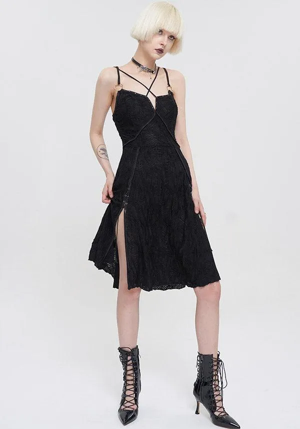 Devil Fashion Gothic Lace Slip Dress - Black with Harness Straps and Side Slits