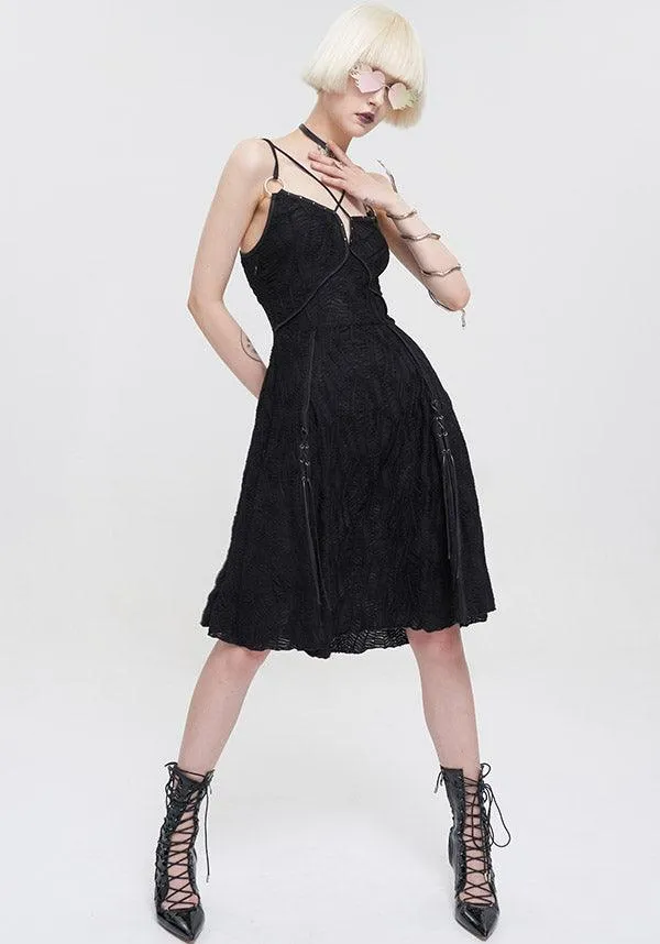 Devil Fashion Gothic Lace Slip Dress - Black with Harness Straps and Side Slits