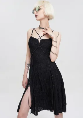 Devil Fashion Gothic Lace Slip Dress - Black with Harness Straps and Side Slits