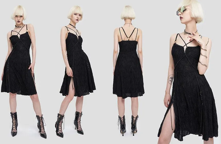 Devil Fashion Gothic Lace Slip Dress - Black with Harness Straps and Side Slits