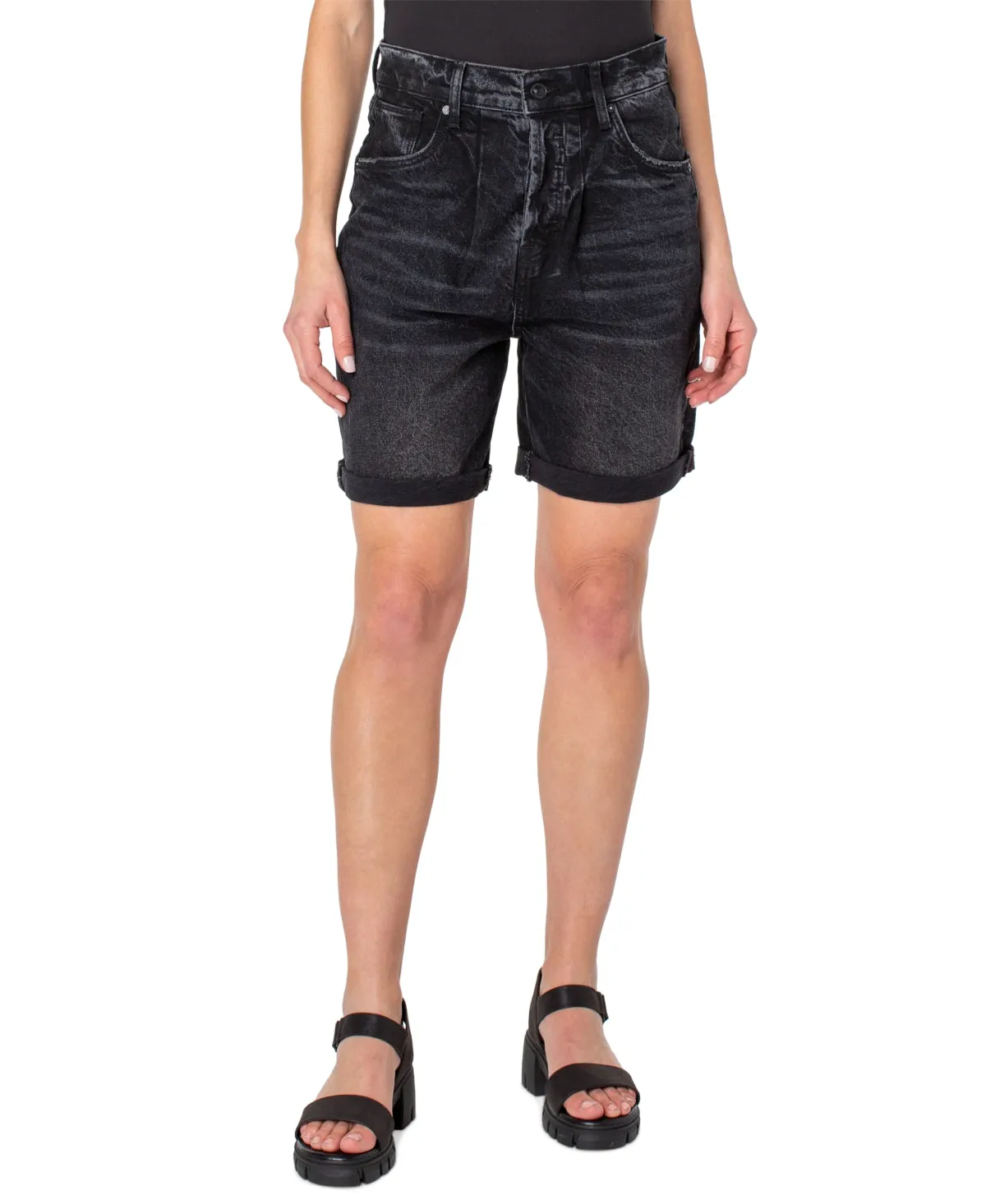 Earnest Sewn Women's Cuffed Pleated Denim Shorts Gray