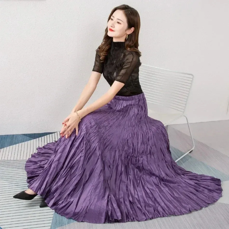 Elegant Pleated Ankle Length Skirt with Elastic Waist - One Size