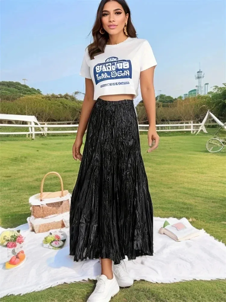 Elegant Pleated Ankle Length Skirt with Elastic Waist - One Size