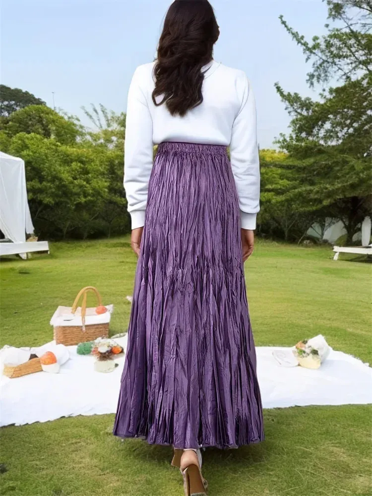 Elegant Pleated Ankle Length Skirt with Elastic Waist - One Size