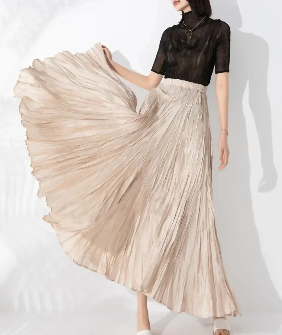 Elegant Pleated Ankle Length Skirt with Elastic Waist - One Size