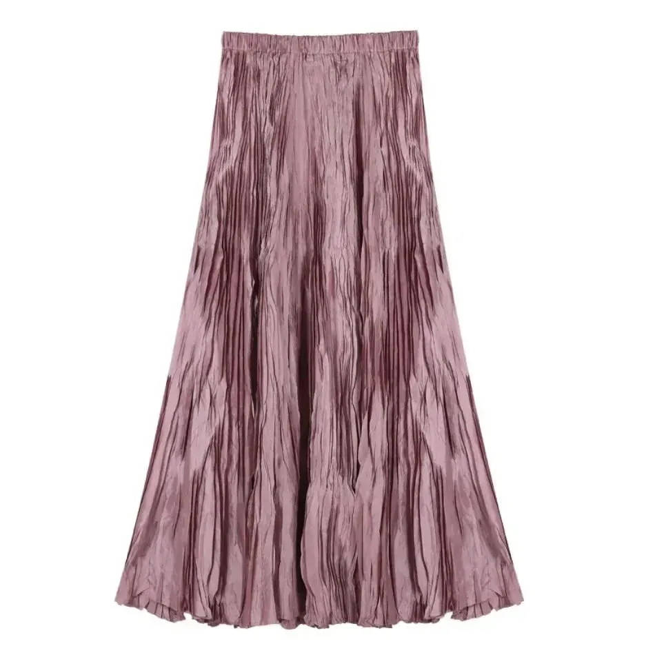 Elegant Pleated Ankle Length Skirt with Elastic Waist - One Size