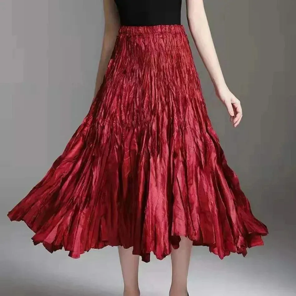 Elegant Pleated Ankle Length Skirt with Elastic Waist - One Size