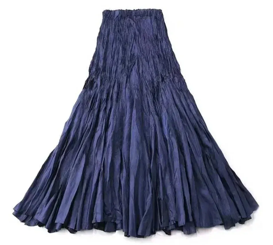 Elegant Pleated Ankle Length Skirt with Elastic Waist - One Size