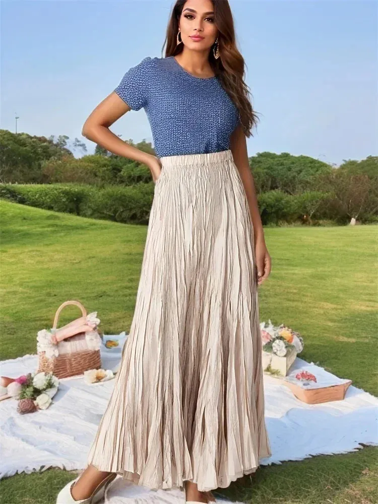 Elegant Pleated Ankle Length Skirt with Elastic Waist - One Size